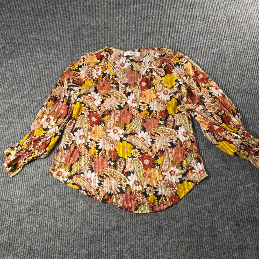 Trendmates Womens‎ Small Paisley Floral V-Neck Blouse Metallic Gold Stripe Boho